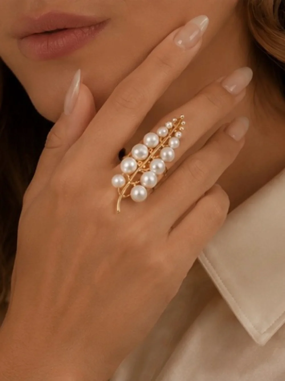 Gold Pearl Vine Statement Ring - Elegant White Pearl Fashion Ring